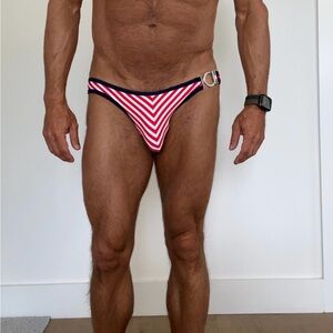 Red and White Striped Men's Swim Trunks by LASC